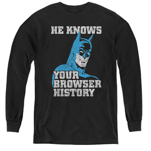 AN OFFCIALLY LICENSED BATMAN BATMAN KNOWS YOUTH LONG SLEEVE T-SHIRT BLACK