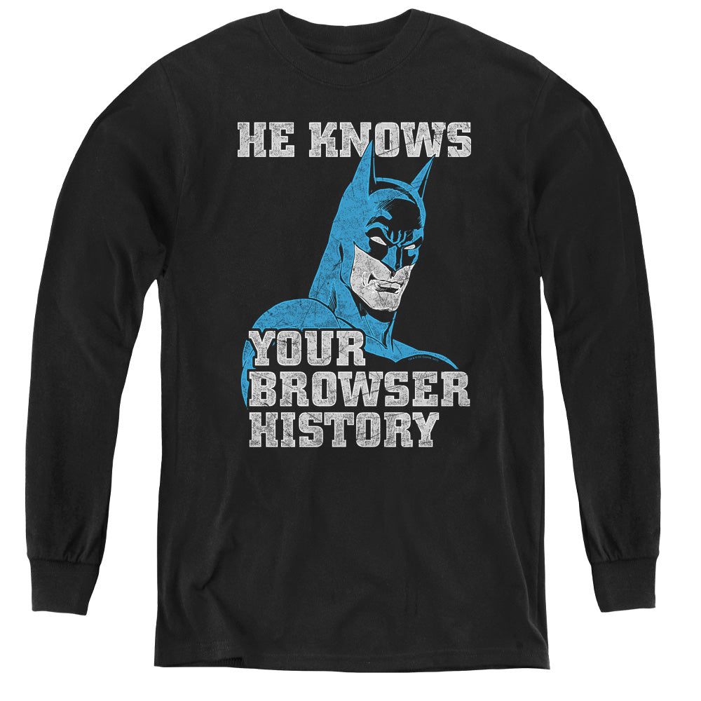 AN OFFCIALLY LICENSED BATMAN BATMAN KNOWS YOUTH LONG SLEEVE T-SHIRT BLACK