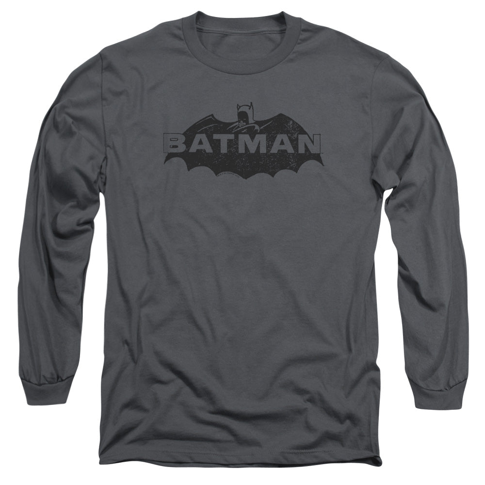 AN OFFCIALLY LICENSED BATMAN NEWSPRINT LOGO MEN'S LONG SLEEVE T-SHIRT CHARCOAL