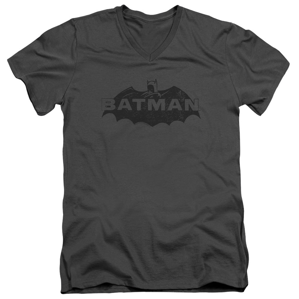 AN OFFCIALLY LICENSED BATMAN NEWSPRINT LOGO MEN'S V-NECK T-SHIRT CHARCOAL