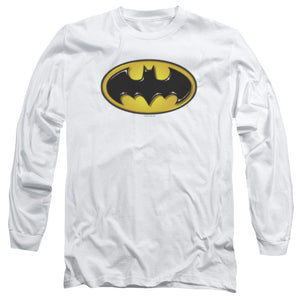 AN OFFCIALLY LICENSED BATMAN AIRBRUSH BAT SYMBOL MEN'S LONG SLEEVE T-SHIRT WHITE