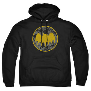 AN OFFCIALLY LICENSED BATMAN VINTAGE SYMBOL COLLAGE ADULT UNISEX PULLOVER HOODIE BLACK