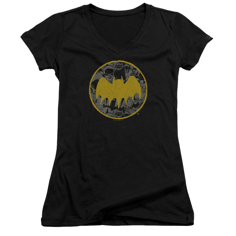 Batman Vintage Symbol Collage Licensed Women's T-Shirt Juniors V-Neck SM