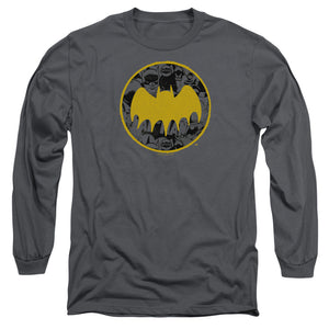 AN OFFCIALLY LICENSED BATMAN VINTAGE SYMBOL COLLAGE MEN'S LONG SLEEVE T-SHIRT CHARCOAL