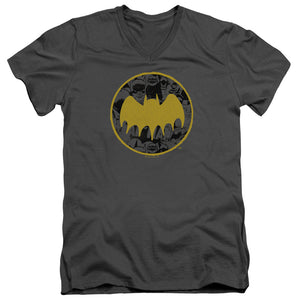 AN OFFCIALLY LICENSED BATMAN VINTAGE SYMBOL COLLAGE MEN'S V-NECK T-SHIRT CHARCOAL