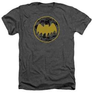 AN OFFCIALLY LICENSED BATMAN VINTAGE SYMBOL COLLAGE MEN'S HEATHER T-SHIRT CHARCOAL