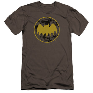 AN OFFCIALLY LICENSED BATMAN VINTAGE SYMBOL COLLAGE MEN'S PREMIUM SLIM FIT T-SHIRT CHARCOAL