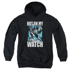 AN OFFCIALLY LICENSED BATMAN NOT ON MY WATCH YOUTH HOODIE BLACK