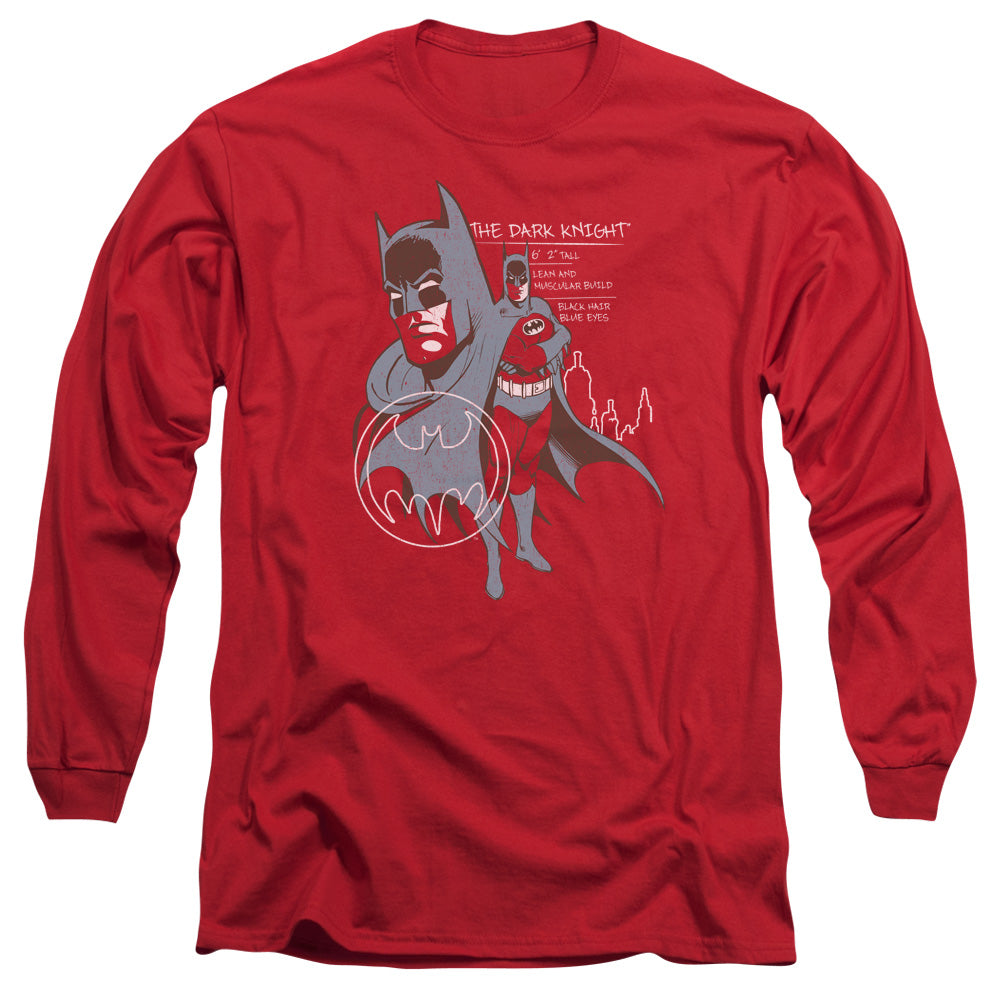 AN OFFCIALLY LICENSED BATMAN LEAN AND MUSCULAR MEN'S LONG SLEEVE T-SHIRT RED