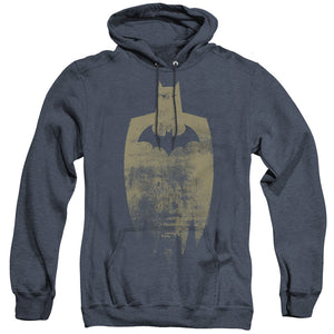AN OFFCIALLY LICENSED BATMAN GOLD SILHOUETTE ADULT UNISEX HEATHER PULLOVER HOODIE NAVY