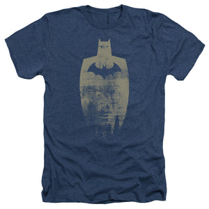 AN OFFCIALLY LICENSED BATMAN GOLD SILHOUETTE MEN'S HEATHER T-SHIRT NAVY