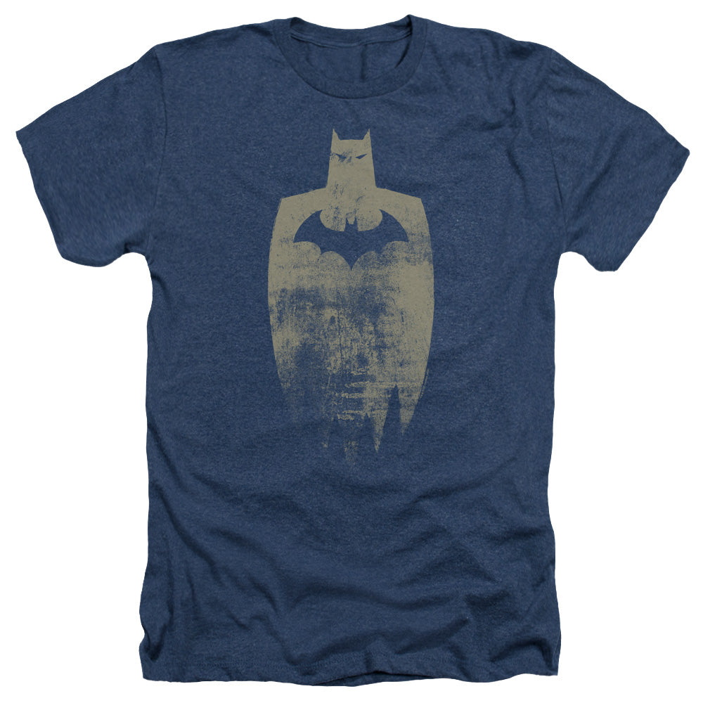 AN OFFCIALLY LICENSED BATMAN GOLD SILHOUETTE MEN'S HEATHER T-SHIRT NAVY