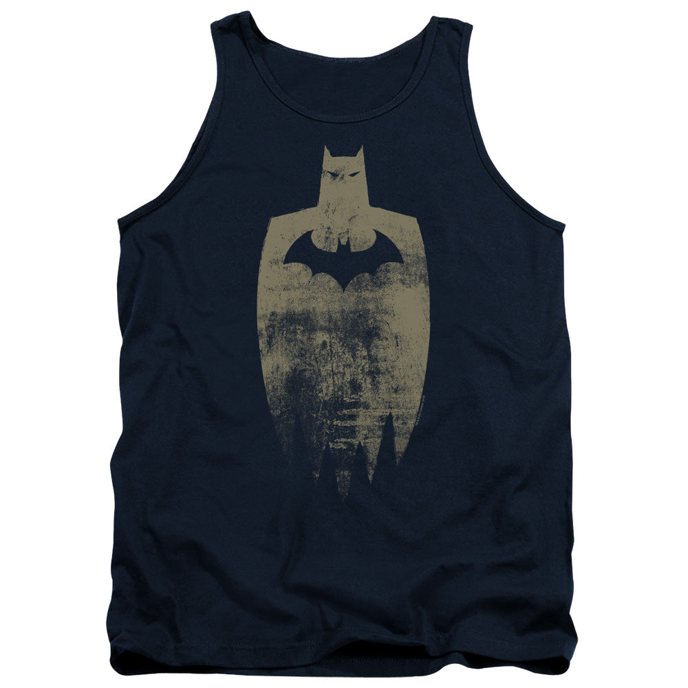 AN OFFCIALLY LICENSED BATMAN GOLD SILHOUETTE ADULT UNISEX TANK TOP NAVY