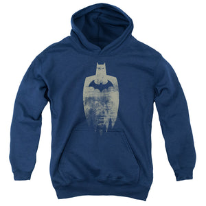 AN OFFCIALLY LICENSED BATMAN GOLD SILHOUETTE YOUTH HOODIE NAVY
