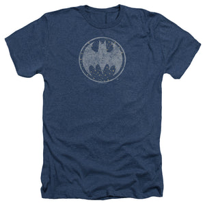 AN OFFCIALLY LICENSED BATMAN STARRY NIGHT SHIELD MEN'S HEATHER T-SHIRT NAVY