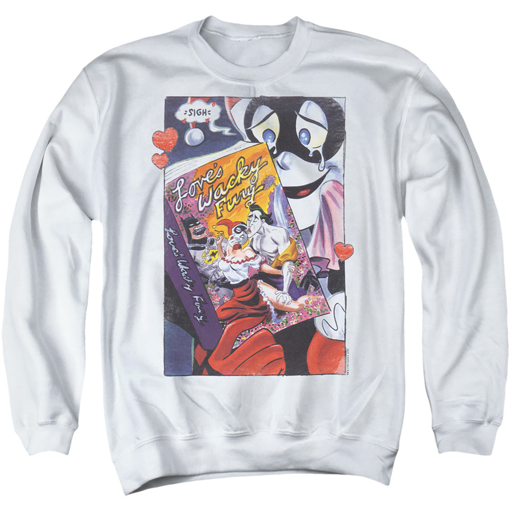 AN OFFCIALLY LICENSED BATMAN LOVES WACKY FURY ADULT UNISEX CREWNECK SWEATSHIRT WHITE