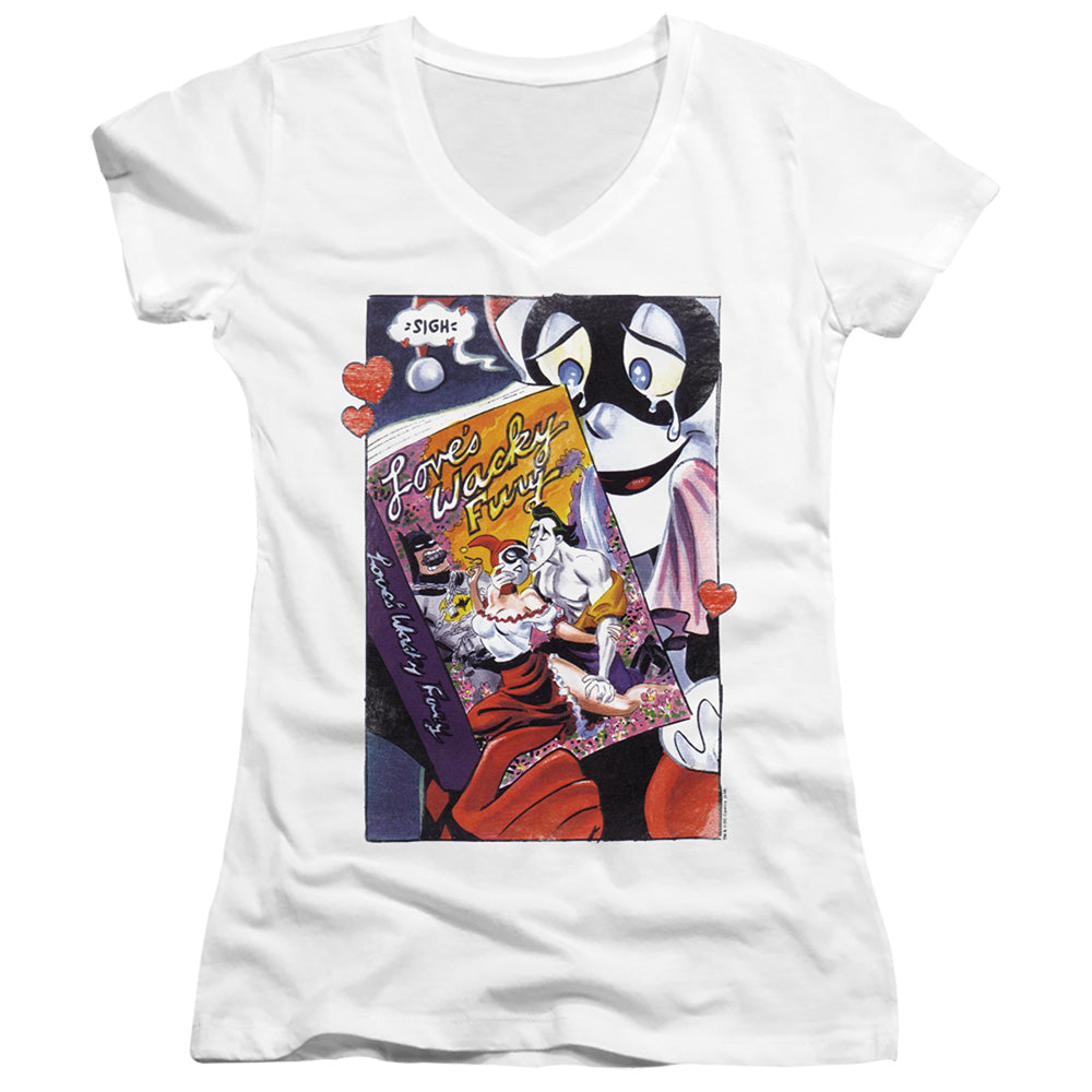 Batman Loves Wacky Fury Licensed Women's T-Shirt Juniors V-Neck SM