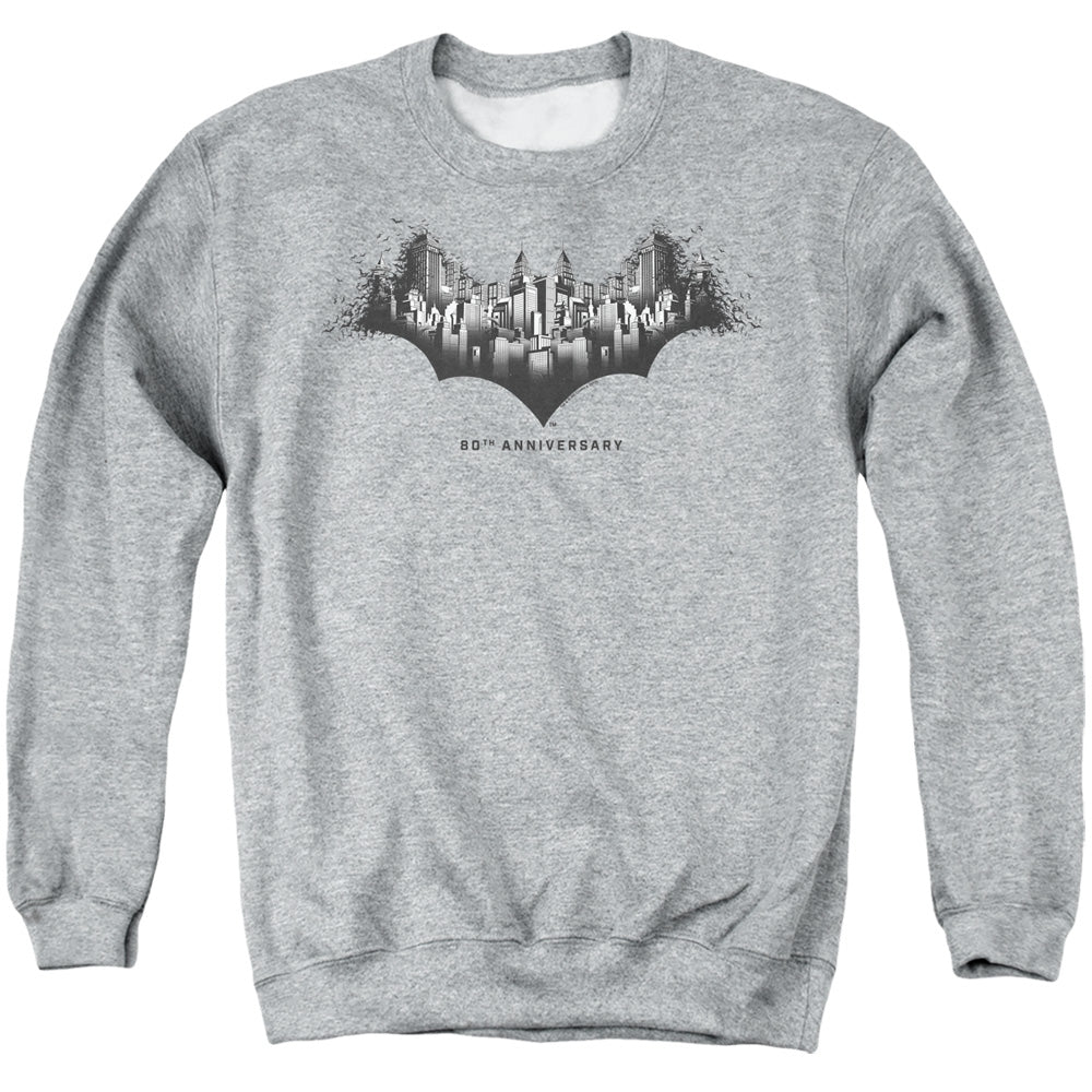 AN OFFCIALLY LICENSED BATMAN GOTHAM SHIELD ADULT UNISEX CREWNECK SWEATSHIRT ATHLETIC HEATHER