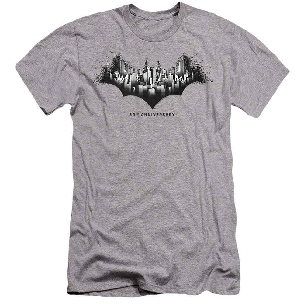 AN OFFCIALLY LICENSED BATMAN GOTHAM SHIELD MEN'S PREMIUM SLIM FIT T-SHIRT ATHLETIC HEATHER