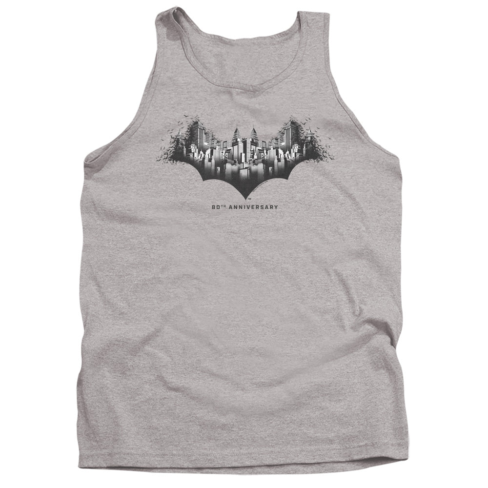 AN OFFCIALLY LICENSED BATMAN GOTHAM SHIELD ADULT UNISEX TANK TOP ATHLETIC HEATHER