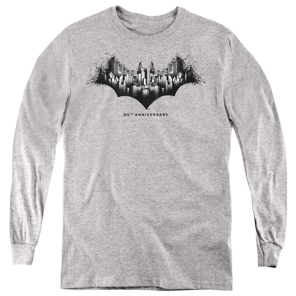 AN OFFCIALLY LICENSED BATMAN GOTHAM SHIELD YOUTH LONG SLEEVE T-SHIRT ATHLETIC HEATHER