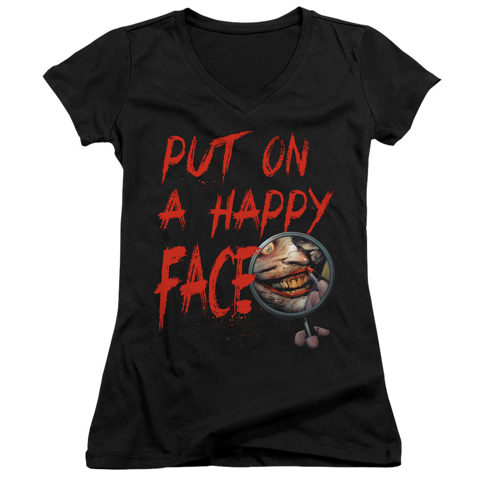 Batman Happy Face Licensed Women's T-Shirt Juniors V-Neck SM