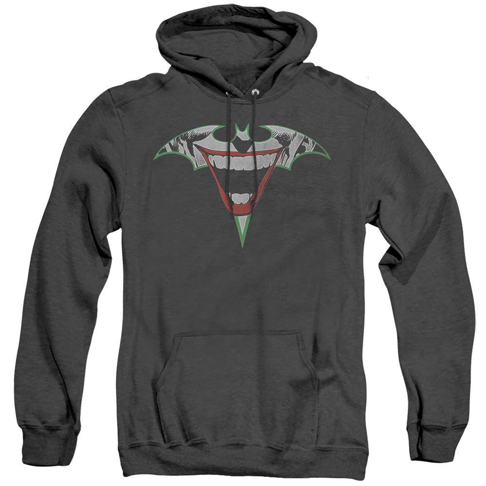 AN OFFCIALLY LICENSED BATMAN JOKER BAT LOGO ADULT UNISEX HEATHER PULLOVER HOODIE BLACK
