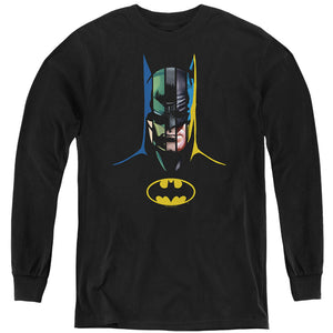 AN OFFCIALLY LICENSED BATMAN 80 YEARS MANY FACES YOUTH LONG SLEEVE T-SHIRT BLACK