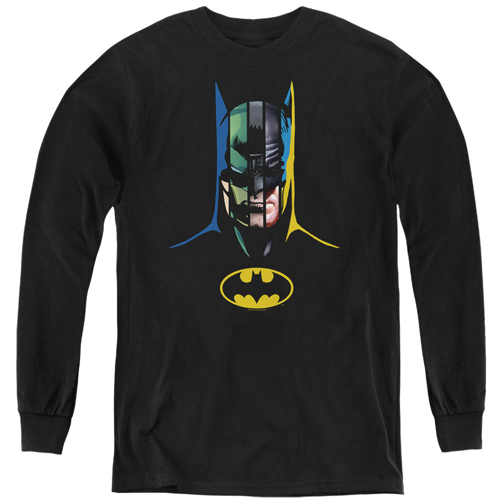 AN OFFCIALLY LICENSED BATMAN 80 YEARS MANY FACES YOUTH LONG SLEEVE T-SHIRT BLACK