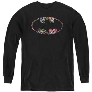 AN OFFCIALLY LICENSED BATMAN FLORAL LOGO YOUTH LONG SLEEVE T-SHIRT BLACK