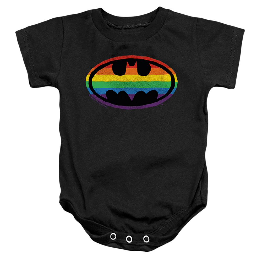 AN OFFCIALLY LICENSED BATMAN RAINBOW LOGO BABY BODYSUIT BLACK