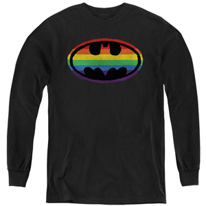 AN OFFCIALLY LICENSED BATMAN RAINBOW LOGO YOUTH LONG SLEEVE T-SHIRT BLACK
