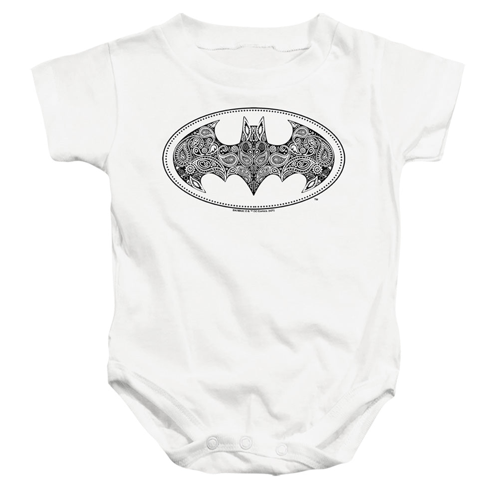 AN OFFCIALLY LICENSED BATMAN PAISLEY LOGO BABY BODYSUIT WHITE