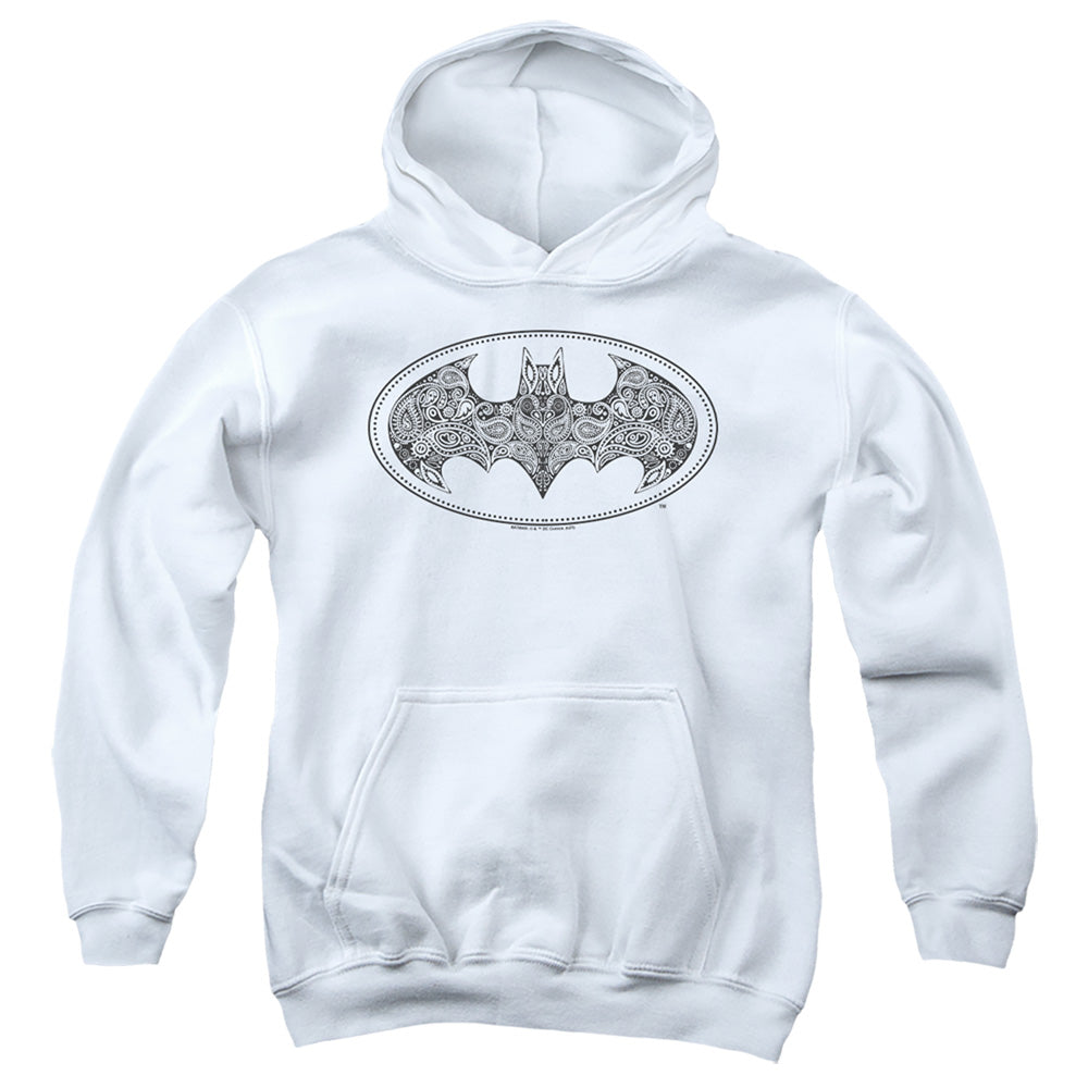 AN OFFCIALLY LICENSED BATMAN PAISLEY LOGO YOUTH HOODIE WHITE