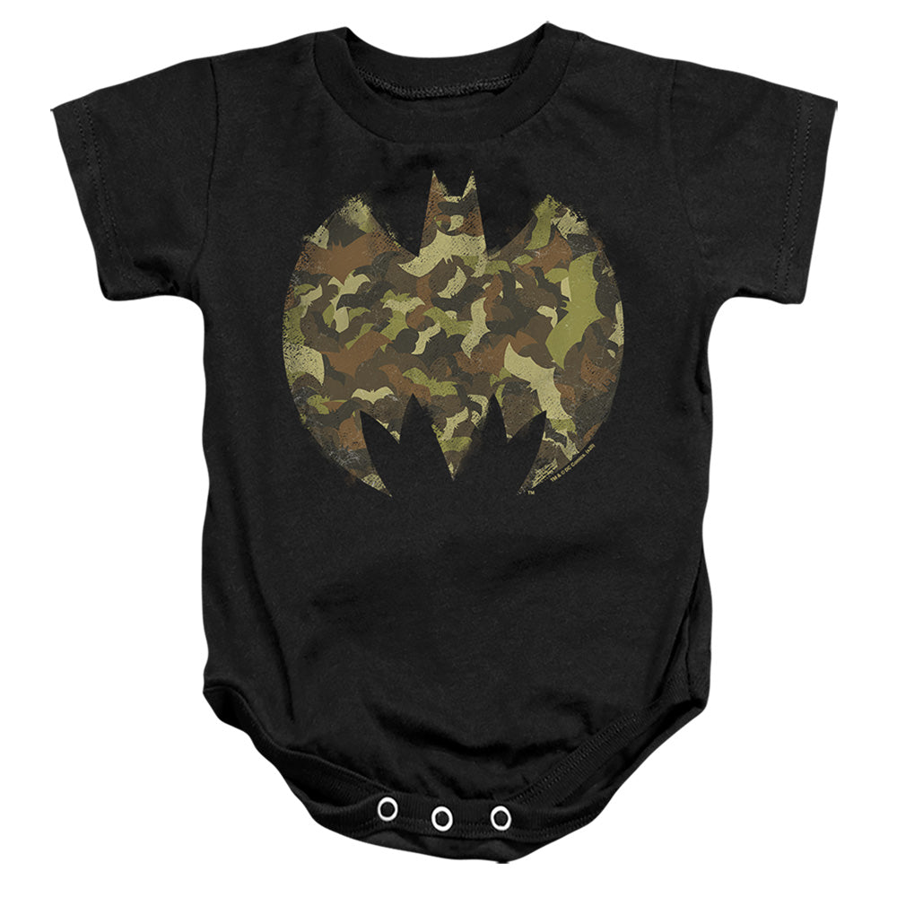 AN OFFCIALLY LICENSED BATMAN BATS OF CAMO BABY BODYSUIT BLACK