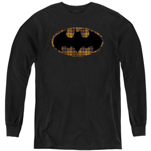 AN OFFCIALLY LICENSED BATMAN TORN PLAID LOGO YOUTH LONG SLEEVE T-SHIRT BLACK