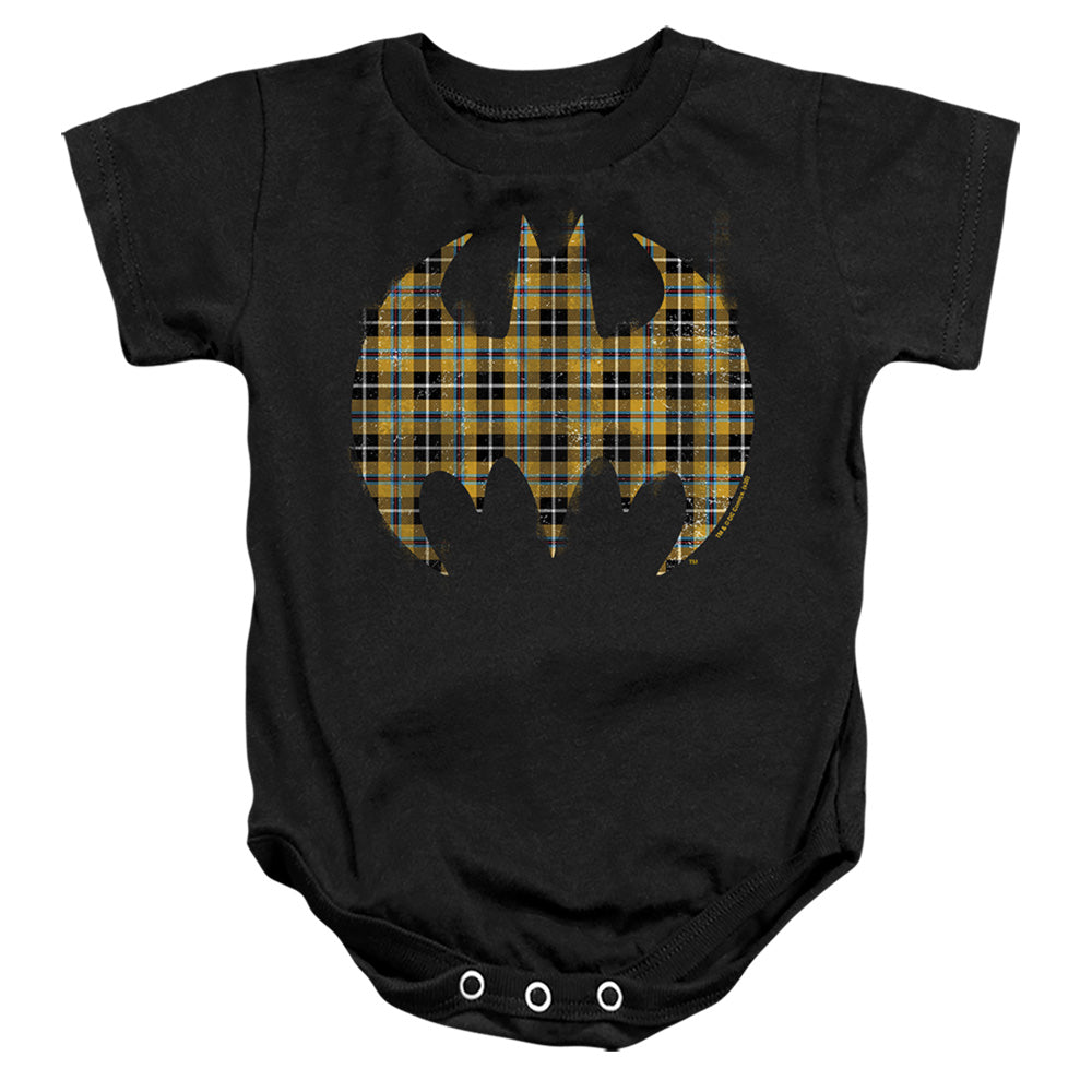 AN OFFCIALLY LICENSED BATMAN PLAID BAT BABY BODYSUIT BLACK