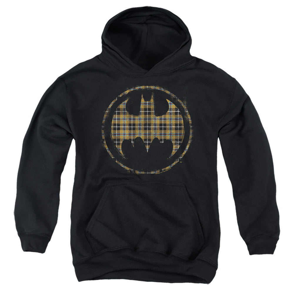 AN OFFCIALLY LICENSED BATMAN PLAID BAT YOUTH HOODIE BLACK