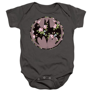 AN OFFCIALLY LICENSED BATMAN BATS OF FLORAL BABY BODYSUIT CHARCOAL