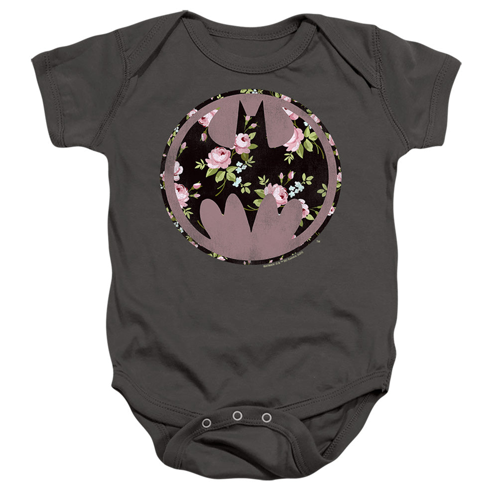 AN OFFCIALLY LICENSED BATMAN BATS OF FLORAL BABY BODYSUIT CHARCOAL