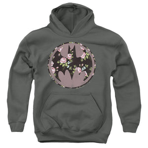 AN OFFCIALLY LICENSED BATMAN BATS OF FLORAL YOUTH HOODIE CHARCOAL