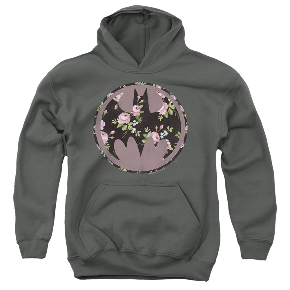 AN OFFCIALLY LICENSED BATMAN BATS OF FLORAL YOUTH HOODIE CHARCOAL