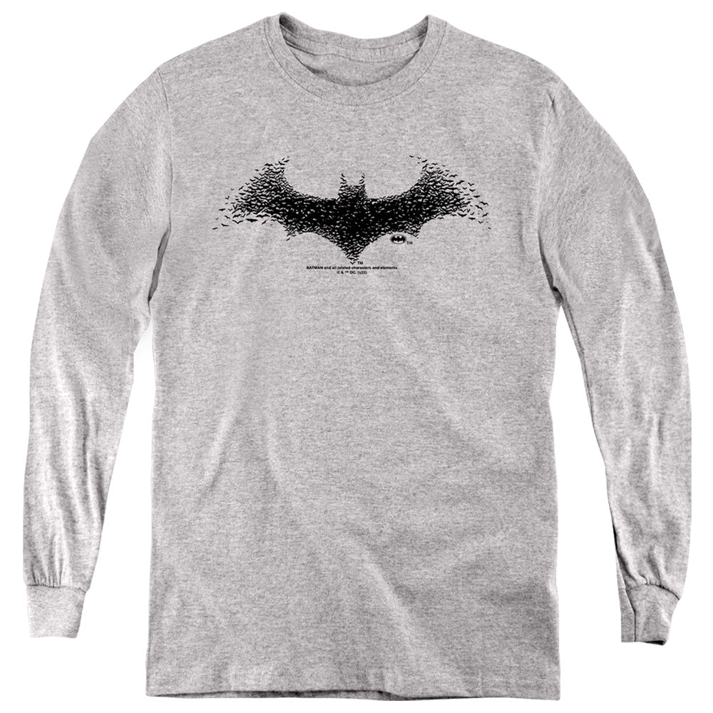 AN OFFCIALLY LICENSED BATMAN BAT LOGO 2 YOUTH LONG SLEEVE T-SHIRT ATHLETIC HEATHER