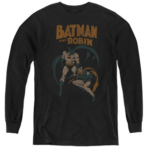 AN OFFCIALLY LICENSED BATMAN BATMAN & ROBIN VINTAGE 1 YOUTH LONG SLEEVE T-SHIRT BLACK