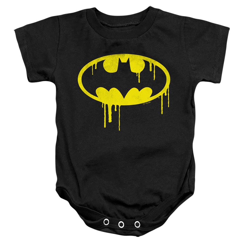 AN OFFCIALLY LICENSED BATMAN BATMAN DRIPPING LOGO BABY BODYSUIT BLACK