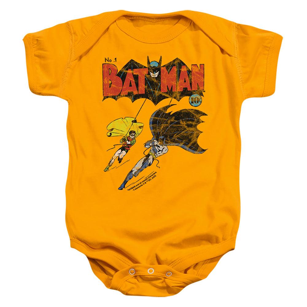 AN OFFCIALLY LICENSED BATMAN BATMAN NO.1 1 BABY BODYSUIT GOLD