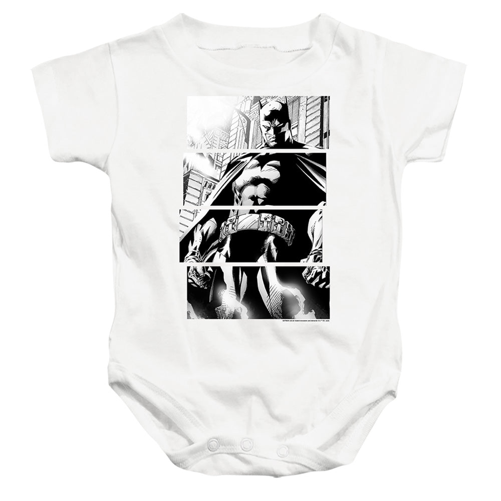 AN OFFCIALLY LICENSED BATMAN PANELS BABY BODYSUIT WHITE
