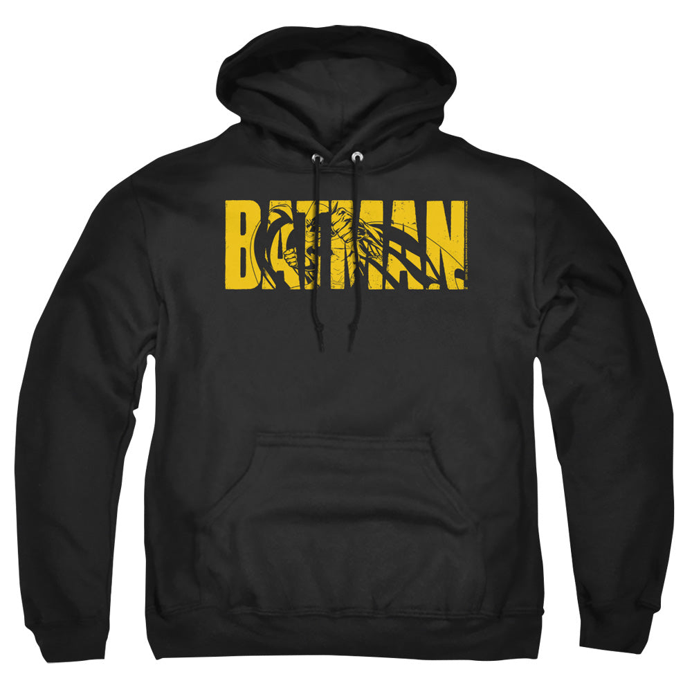 AN OFFCIALLY LICENSED BATMAN TEXT ON BLACK ADULT UNISEX PULLOVER HOODIE BLACK