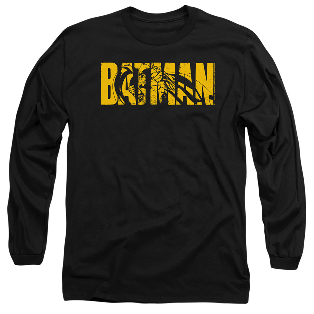 AN OFFCIALLY LICENSED BATMAN TEXT ON BLACK MEN'S LONG SLEEVE T-SHIRT BLACK