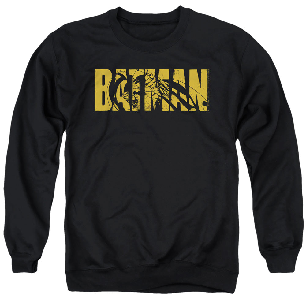 AN OFFCIALLY LICENSED BATMAN TEXT ON BLACK ADULT UNISEX CREWNECK SWEATSHIRT BLACK